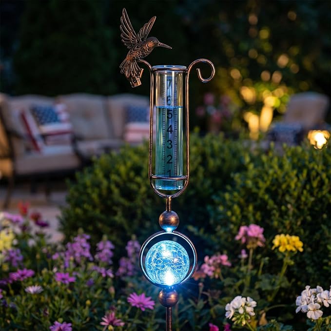 MUMTOP Rain Gauge Outdoor, 36 Inch Hummingbird Crackle Glass Solar Lights for Lawn, Yard and Garden
