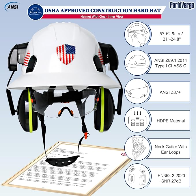 Full Brim Hard Hats Construction OSHA Approved with Visor-Vented Hard Hat with Neck Gaiter with Ear Loops,Safety Hard Hats for Men with Chin Strap ANSI Z89.1 Type 1 Class C,6-pt Suspension