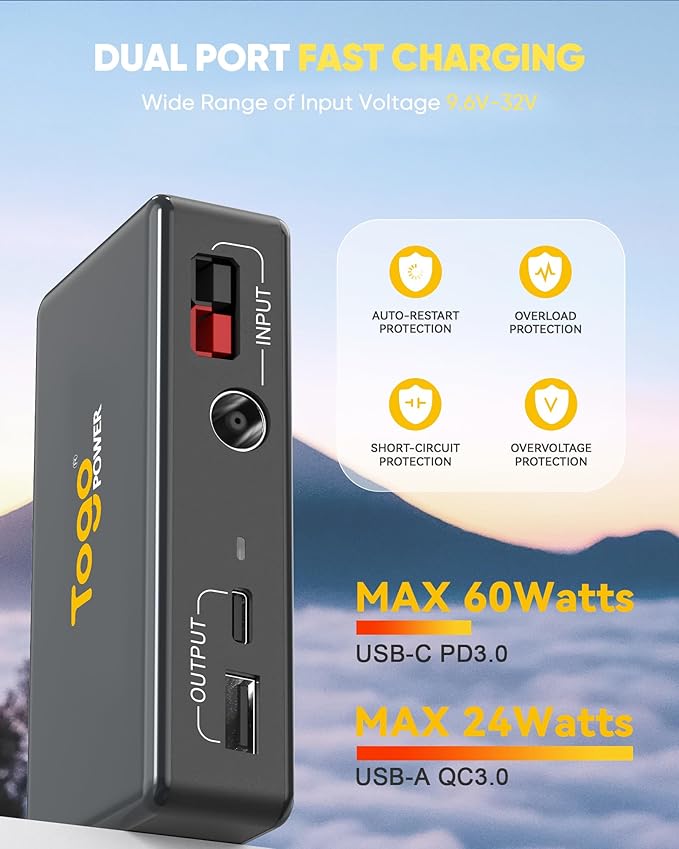 Portable Solar Charger Controller for Solar Panel, DC7909/Anderson Input 9.6V-32V, 24W USB-A/60W USB-C Fast Charging Output Port, Intelligent Restart Charging Protection