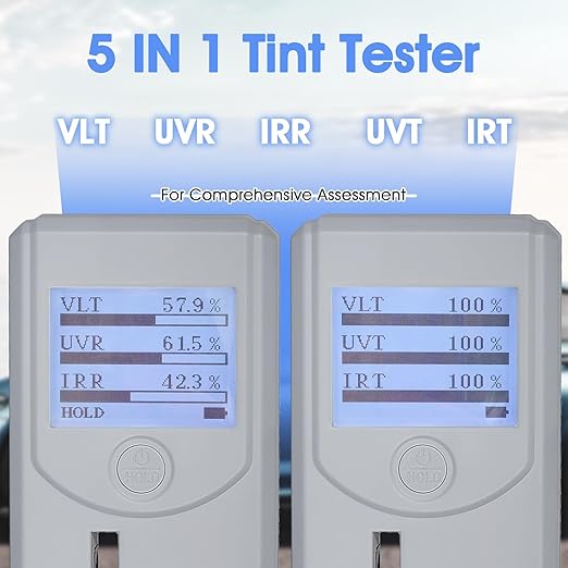 Digital Tint Meter, Pocket Solar Film Tester with Automatic Calibration, 5-in-1 VL UV IR Transmittance and Rejection Tester for Film, Filmed Glass, Window Tint, Side Windshield