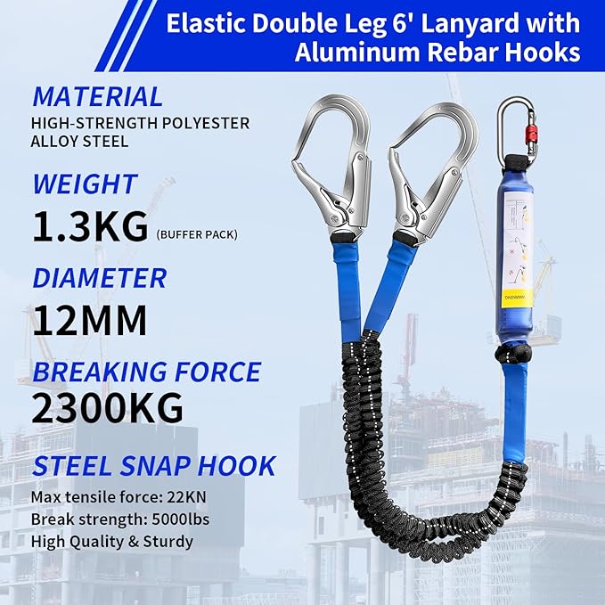6ft Internal Shock Absorbing Safety Lanyard with Double Snap Hook Connectors, Fall Protection Equipment