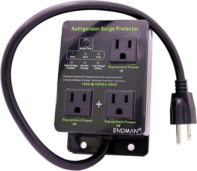 Refrigerator Surge Protector Three Outlet Voltage Protector for Home Appliances with Time Delay, Protects Against Brownout, Spike, Instant Surge All Voltage Abnormalities