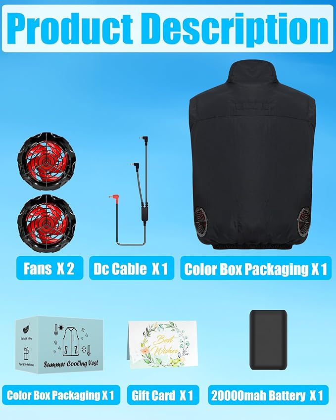 Cooling Vest Jacket with 2 Fans - Men and Women 21V Air Conditioner Vests, With 20000mAh Battery