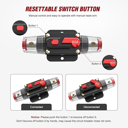 Nilight 60A Inline Circuit Breaker Resettable 12-24V DC Manual Reset Fuse Holder 3-15AWG Overload Protection for Car Audio Sound Amplifier System RV Marine Boat Truck Solar Inverter