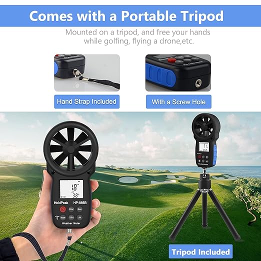 HoldPeak 866B Handheld Anemometer with Tripod, Digital Wind Speed Gauge Meter, Air Flow Velocity Temperature CFM Measuring Device for HVAC Outdoor Sailing Shooting Golf