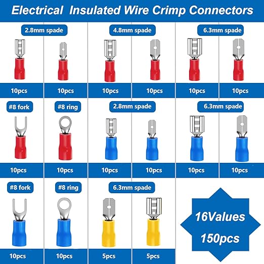 smseace 22-10AWG Wire Crimp Connectors 2.8mm/4.8mm/6.3mm Male and Female Connector kit Insulated Wire Spade/Fork/Ring Electrical Speaker Connector