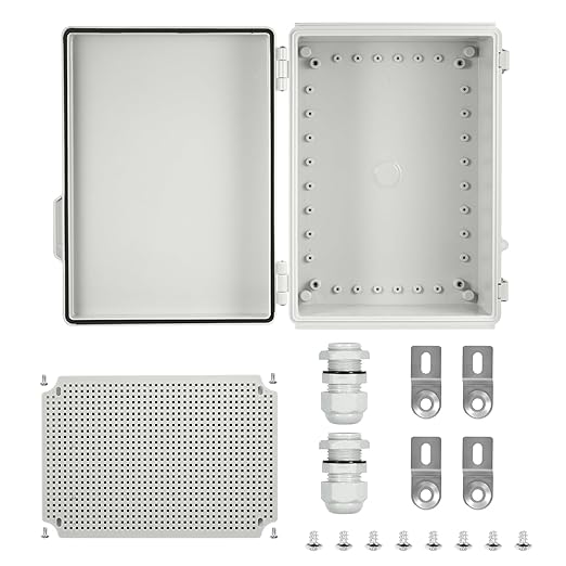 Waterproof Electrical Junction Enclosure Outdoor with Stainless Latch, IP65 ABS Plastic Project Box with 1 Grid Mounting Plates, 2 Cable Glands, 4 Wall Brackets and 8 Screws (Large:13.8"x9.8"x5.9")