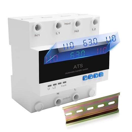 Automatic Transfer Switch, 63A 110V/220V Dual Power Selector for Generator & Backup Inverter, L1 Priority, DIN Rail Mount,ATS Adjustable Emergency Power Switch with Guide Rail(110V and 220V Available)