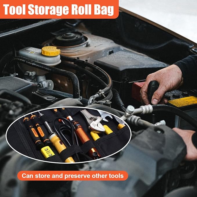 23 Pocket Car Tool Bag Roll Up Organizer - Portable Wrench Organizer & Tools Storage Bag with Zipper Pouch - Roll Up Tool Pouch with Easy-Grab Handle for Men Dad Boyfriend Mechanic (Gray)