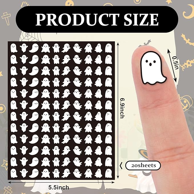 JarThenaAMCS 2400 Pcs Halloween Mini Sticker Ghost Paper Decals Black White Self-Adhesive Stickers for Envelopes Scrapbook Gifts DIY, 0.5 in