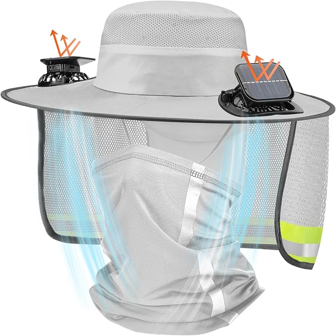 Solar Fan Hat for Men Women Sun Wide Brim Fishing Hat with Dual Power Ice Silk Neck Cover Reflective Design