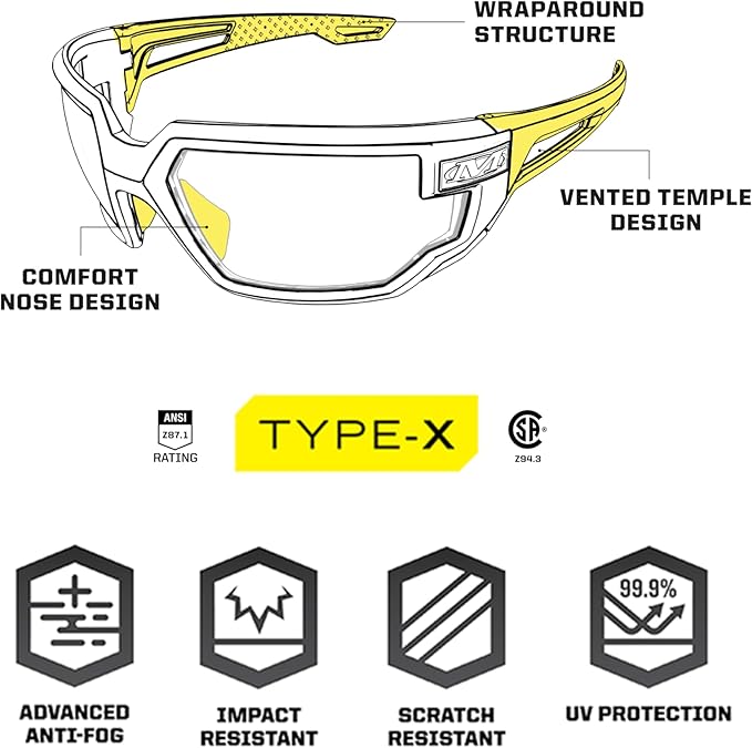 Mechanix Wear: Vision Type-X Safety Glasses with Advanced Anti Fog, Scratch Resistant, Black Frame, Protective Eyewear, Lightweight Glasses, Ventilated Temples, For Outdoor Use (Smoke Lens)