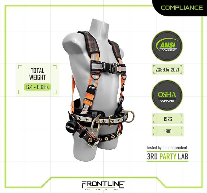 Frontline Fall Protection 100RCTB Combat™ Reflective Construction Full Body Harness with Tongue Buckle Legs and Trauma Straps,5 Points of Adjustability,Positioning Belt,OSHA & ANSI Compliant (Size: S)