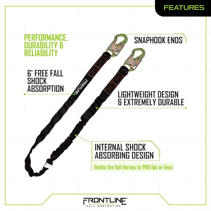 FRONTLINE FALL PROTECTION Internal 6' Shock Absorbing Single Leg Lanyard | ANSI & OSHA Compliant