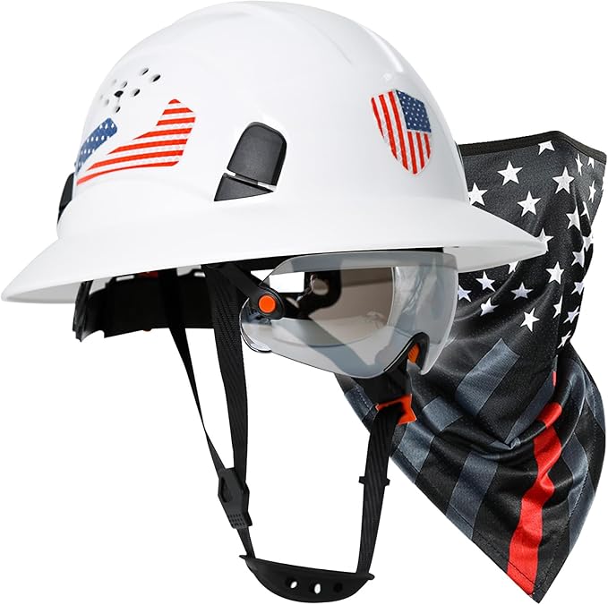 Full Brim Hard Hats Construction OSHA Approved with Visor-Vented Hard Hat with Neck Gaiter with Ear Loops,Safety Hard Hats for Men with Chin Strap ANSI Z89.1 Type 1 Class C,6-pt Suspension
