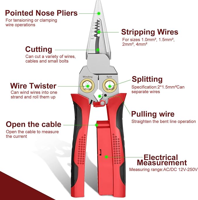 GADO Pro 8-in-1 Wire Stripper/Cutter with Voltage Tester & Dual Alarms - Heavy Duty 12-250V AC/DC Electrical Tester for Hot/Neutral Wires - Electrician, HVAC, Car Repair Tool (Red)
