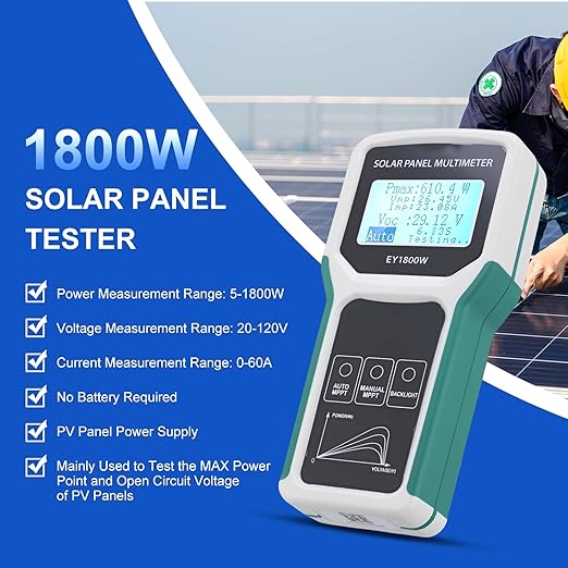 1800W Solar Panel Tester: MPPT Smart Photovoltaic Multimeter - Portable Solar Meter - Clear LCD Display - Measures Power Output - Open Circuit Voltage - Ideal for PV System Troubleshooting
