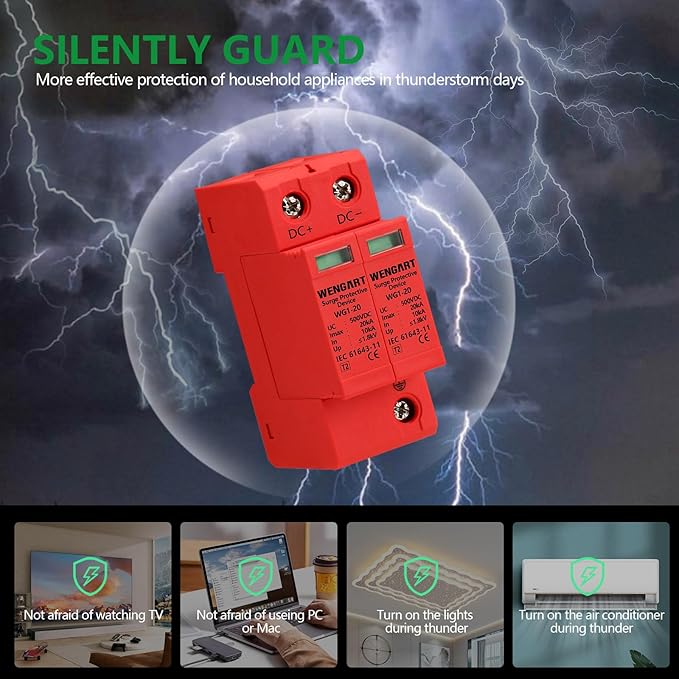 Wengart Surge Protective Arrester Device,DC500V 2P 10~20kA 36mm DIN Rail Mount,Low Voltage Arrester Device for Lightning Protection Power Distribution and Control Appliances