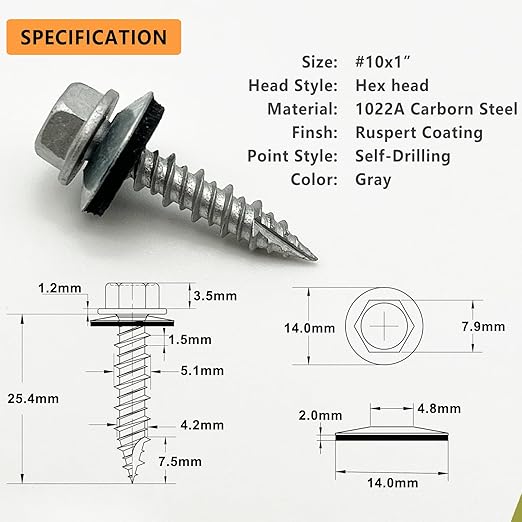 #10 x 1 Hex Head Sheet Metal Roof Screws, Rustpert Coating Metal to Wood siding Screws, 30 Pieces