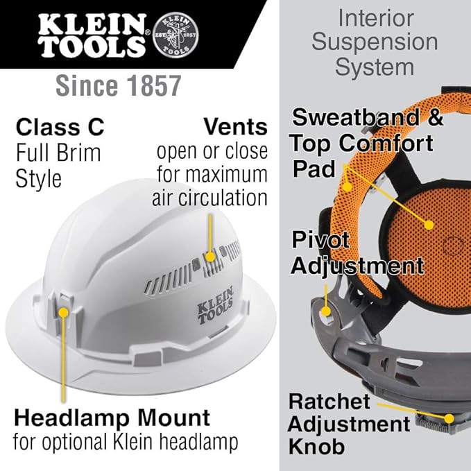 Klein Tools 60941 Hard Hat, Vented, Full Brim Style, Padded, Self-Wicking Odor-Resistant Sweatband, Green