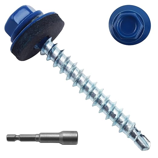 250pcs #10 x 1-1/2" Blue Hex Head Self-Drilling Metal Roofing Screws, EPDM Washer, Colored Head, Wood Screws, Sheet Metal Roof Screw with Hex Driver Bit (Blue, 1-1/2 in)