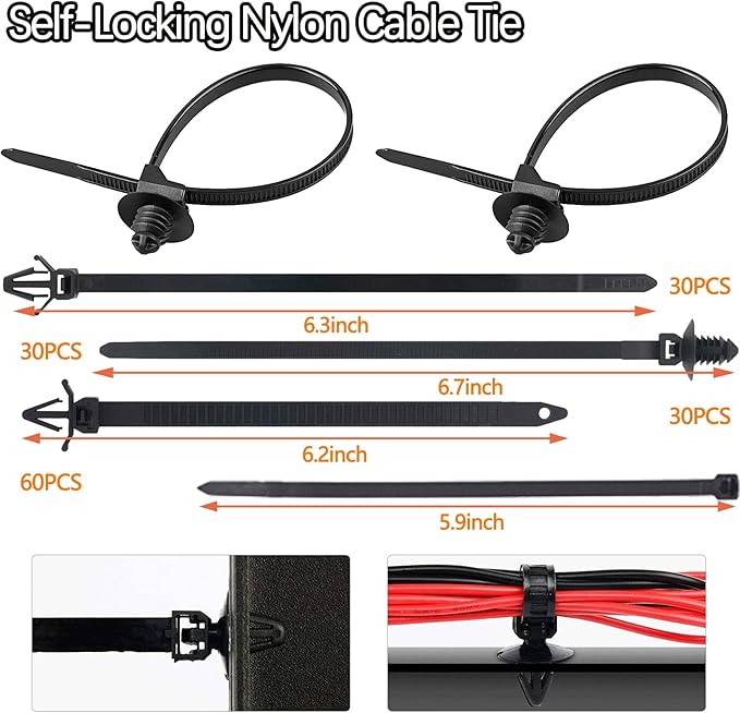 180pcs Push Mount Cable Zip Tie with Car Wire Loom Routing Clips,Fastening Cable Clips For Organizing Cables And Cords,Car Clips Contains 7 Sizes Universal Compatible with GM Ford Trucks Cars UTV