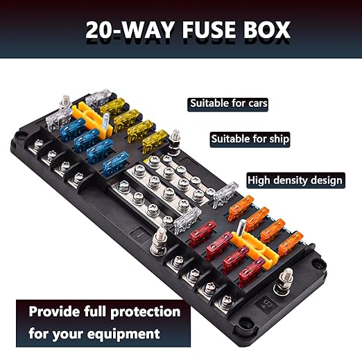 20 Way Blade Fuse Block 16 Circuit Fuse Holder Fuse DC SUB Panel with Ground and Cover for Car Boat Marine Trike Car Truck Vehicle SUV Yacht RV