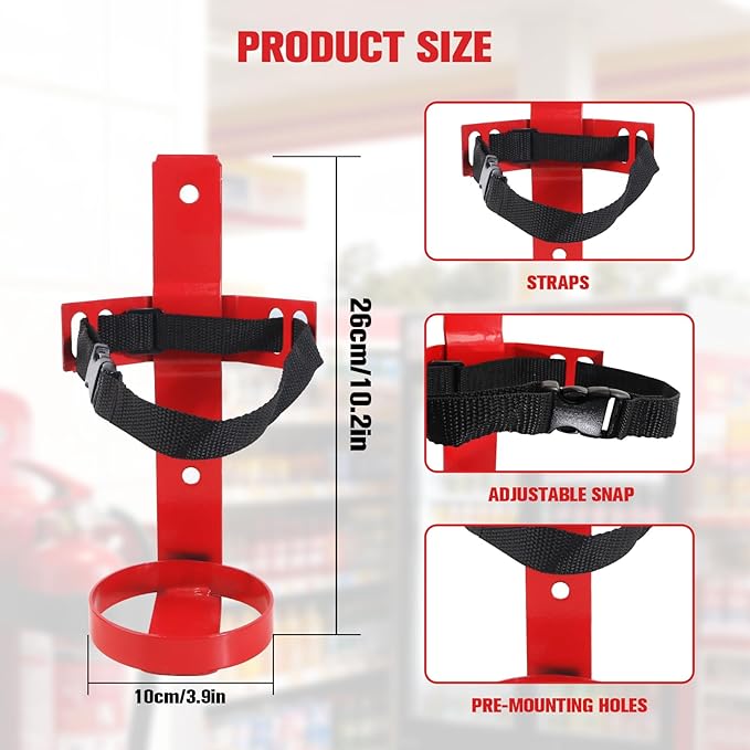 Fire Extinguisher Mount, 2.5LB Fire Extinguisher Bracket Wall Hanging Holder with Adjustable Straps for Home, Office, Garage (Red 2Pcs)
