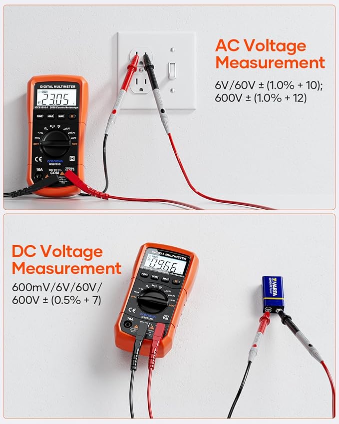 Crenova MS8233D Multimeter 6000 Counts Digital Multimeter DC AC Volt Meter Ohm Volt Amp Tester Measures Voltage Current Resistance Capacitance Continuity Diode Duty-Cycle Frequency NCV Live Wire Test