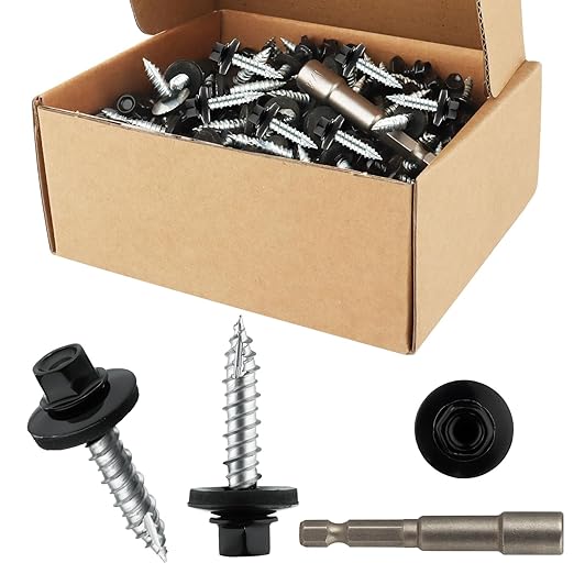 #10 × 1 Inch Black Hex Head Self-Drilling Metal Roofing Screws, 300pcs Zinc Plated Sheet Metal to Wood Siding Screws with Rubber Washers for Metals and Corrugated Roofing Panels