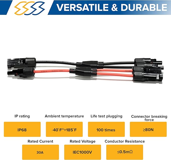 Pack of 2 Solar Y Branch Connectors - IP68 Waterproof Solar Panel Cable Connectors - Solar Branch Connector for Parallel Connection, Inspected & Kitted in The US, M/F (10 Awg Wire)