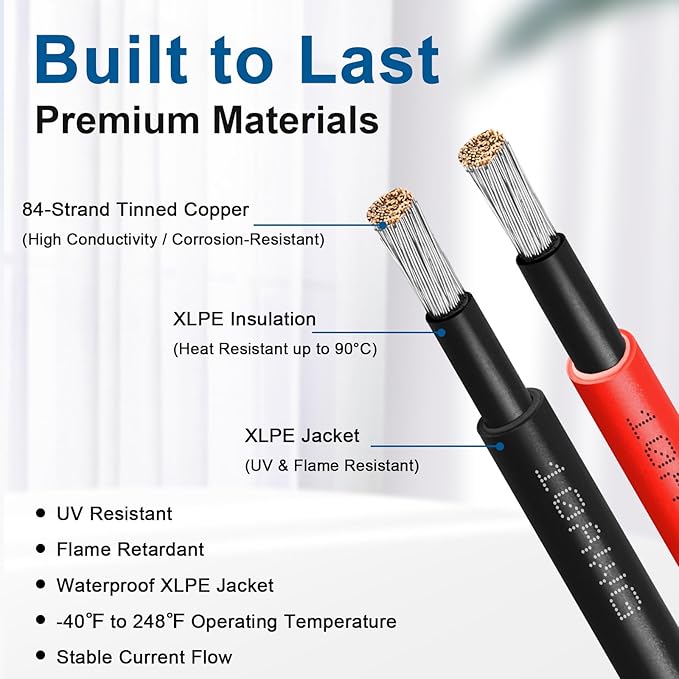 10AWG Solar Extension Cable 3FT – 2 Pack Red & Black PV Wire with Solar Connectors, 84-Strand Tinned Copper, Dual XLPE Insulated, Outdoor UV-Resistant Cable for RV, Inverter, Battery