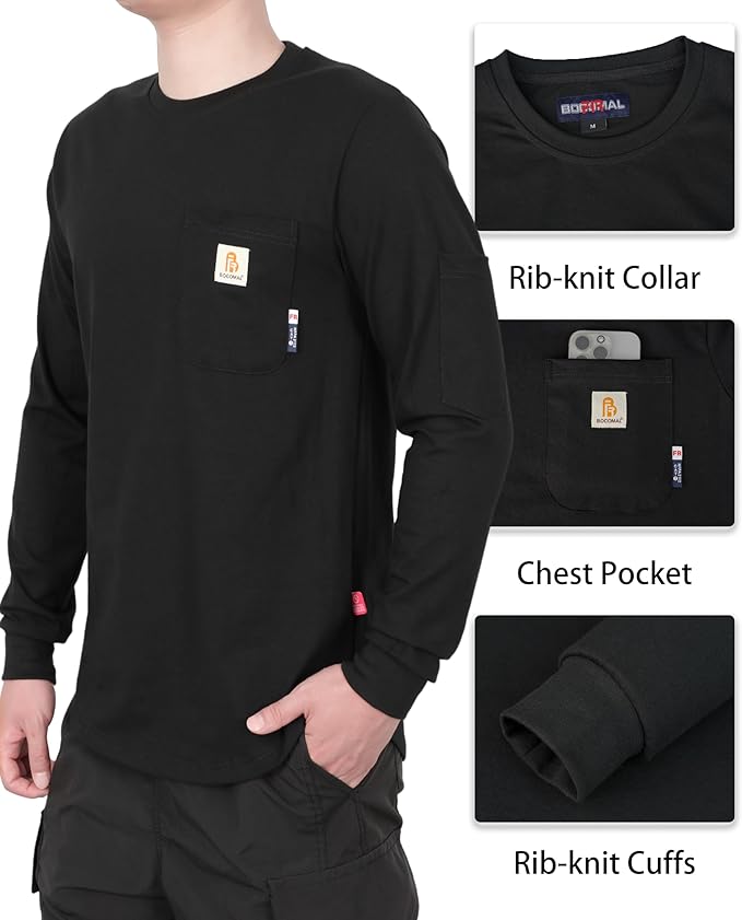 BOCOMAL FR Shirts for Men Melt Pocket Lightweight Crew T-Shirt NFPA2112/CAT2 Fire Resistant Work Shirt