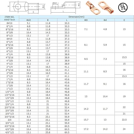 Ampper Heavy Duty Copper Wire Lugs, UL Eyelets Ring Crimp Copper Terminal Connectors for Battery Cable Ends and More (8 Awg, 3/8" Ring, 10 Pcs)