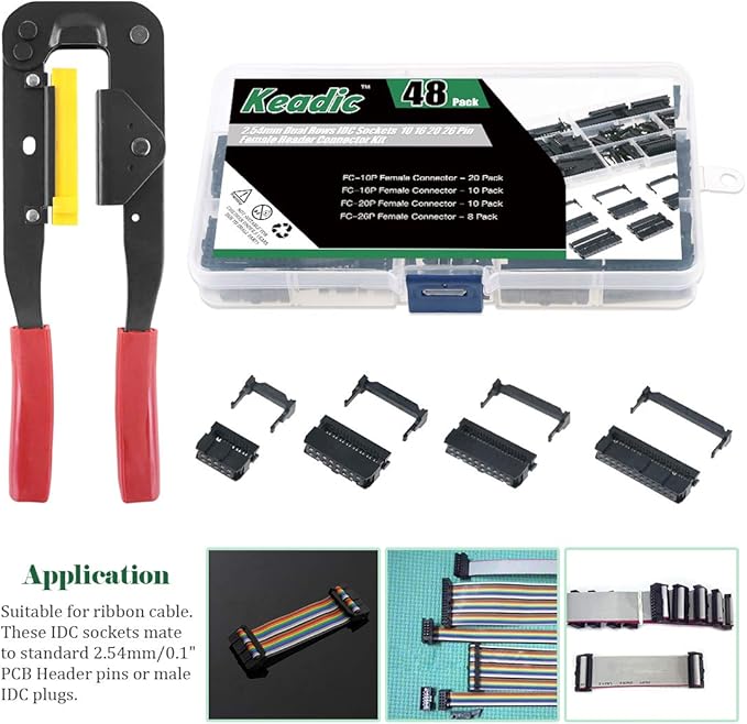 Keadic 49 Pieces FC-10 16 20 26 Pin Female Header IDC Cable Connector 2.54mm Pitch with IDC Crimp Tool, for Flat Ribbon Cable and IDC Connectors
