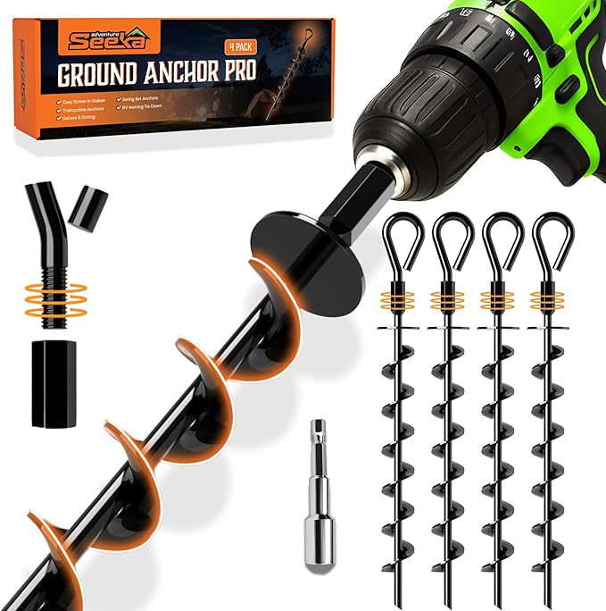 Ground Anchor Stakes (Ground Anchors Pro, 4 Pack Heavy Duty, Ground Anchors Screw in, Swing Set Anchors, Trampoline Anchors High Wind Heavy Duty for Camping Tents, Car Ports, Swing Sets, Canopies.)