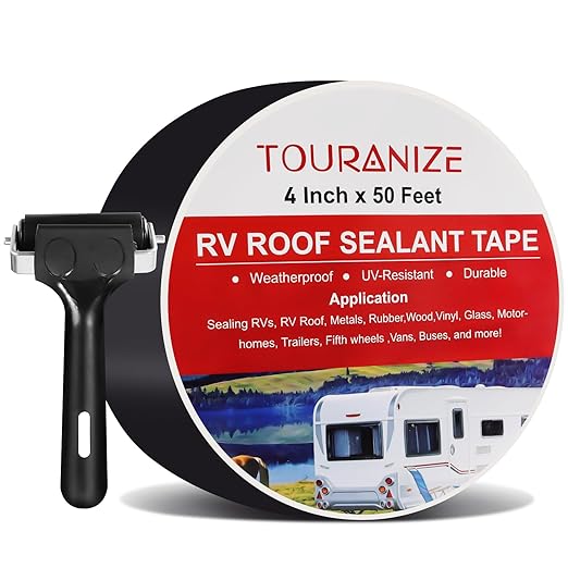Butyl Sealant Tape with Rubber Roller, 4 Inch x 50 Feet RV Roof Tape for Camper Roof Repair, Boat Sealing, Trailer Roofing Seam Leaks, UV Resistant, Waterproof, Black
