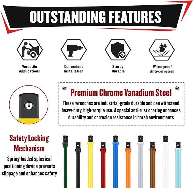 YIYITOOLS 10Pcs 1/2" Drive Torque Limiting Extension Bar Set, 8" Long Torque Sticks (65-150 Ft-Lbs), Impact Socket Extensions with Storage Case, Color-Coded, for Lug Nuts, Tire Repair