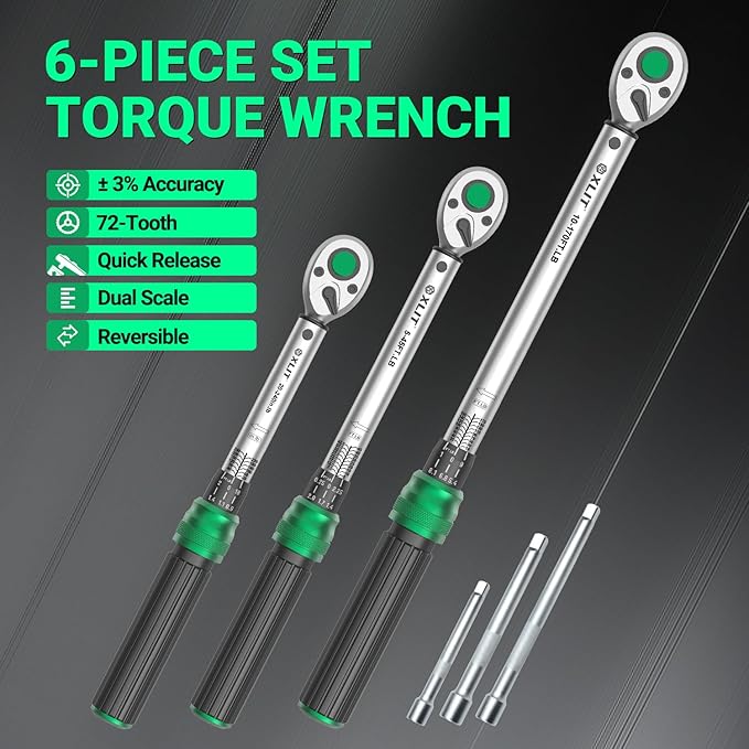 3-Piece Torque Wrench Set - 3 Click Wrenches (1/4", 3/8", 1/2") with 3pc Extension Bars, Pro 72-Tooth Ratchet, ±3% Accuracy, for Automotive, Motorcycle & E-Bike
