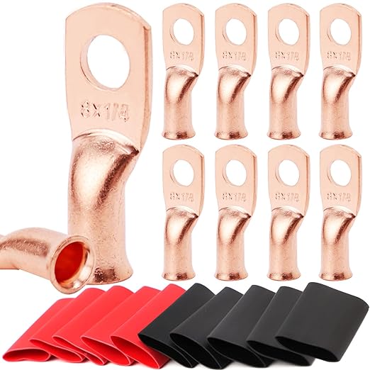 TKDMR 10pcs 8 AWG-1/4 Battery Lugs,Heavy Duty Wire Lugs,Ring Terminals,Battery Cable Ends,0 Guage terminals,Battery Terminal Connectors with 10pcs 3:1 Heat Shrink Tubing