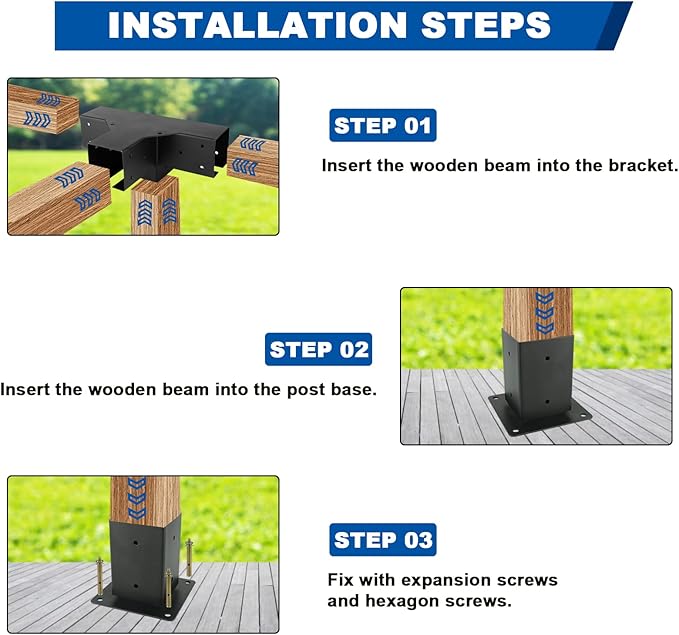 Pergola Gazebo Brackets Kit Nopwer - 4-Way Right Angle Corner Bracket for 4x4 Inch Wood Beams