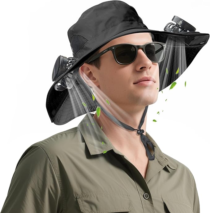 Solar Fan hat, Equipped with Two Detachable Fans, USB/Solar Dual Power Supply, Full Sun Protection,Wide Brim Adjustable