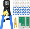Pass Through RJ45 Crimp Tool Kit Cat 6 Cat 5E Cat 5 Ethernet Crimper Kit RJ45 Crimping Tool with Network Cable Tester, Mini Cable Stripper, 50 Pcs Cat6 Connectors and Strain Relief Boots