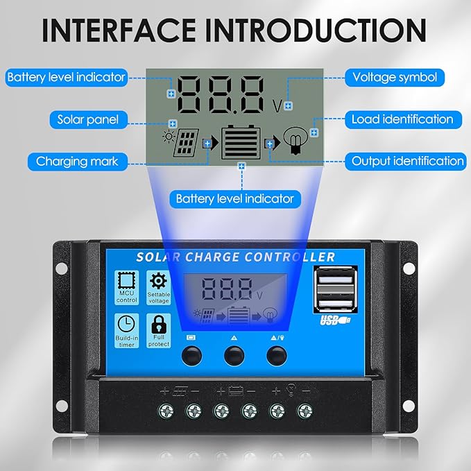 FLYING LION 30A12V/24V Solar Charge Controller PWM Solar Panel Regulator with Adjustable LCD Display Dual USB Port Timer Setting PWM Auto Parameter