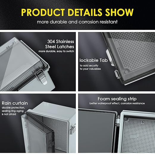 Waterproof Electrical Junction Box Outdoor, IP67 ABS Plastic Weatherproof Electrical Enclosure with Aluminum DIN Rail, Mounting Platem for WiFi Project, Clear (8.7''x6.7''x4.3)