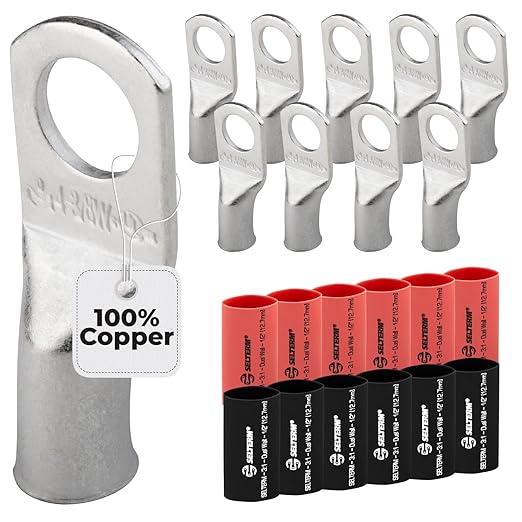 SELTERM 10pcs - 4 Awg 3/8" Stud (Wide) Battery Lugs - Ring Terminal Connectors with 12pcs 3:1 Black & Red Heat Shrink Tubing with Adhesive, Heavy Duty Battery Cable Ends - Tinned Copper Wire Lugs Kit