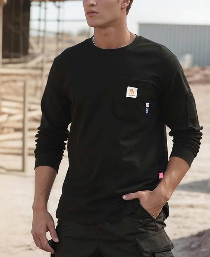 BOCOMAL FR Shirts for Men Melt Pocket Lightweight Crew T-Shirt NFPA2112/CAT2 Fire Resistant Work Shirt