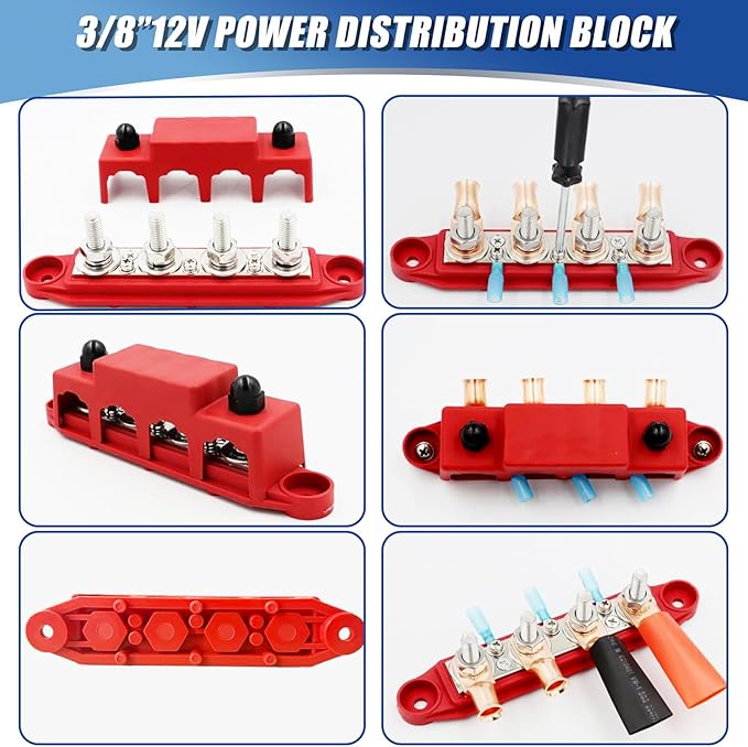 250A 12V BusBar 3/8" Power Distribution Block 4 Studs Junction Block Automotive Marine Battery Busbar Terminal Block with Cover 12 Volt Negative&Positive