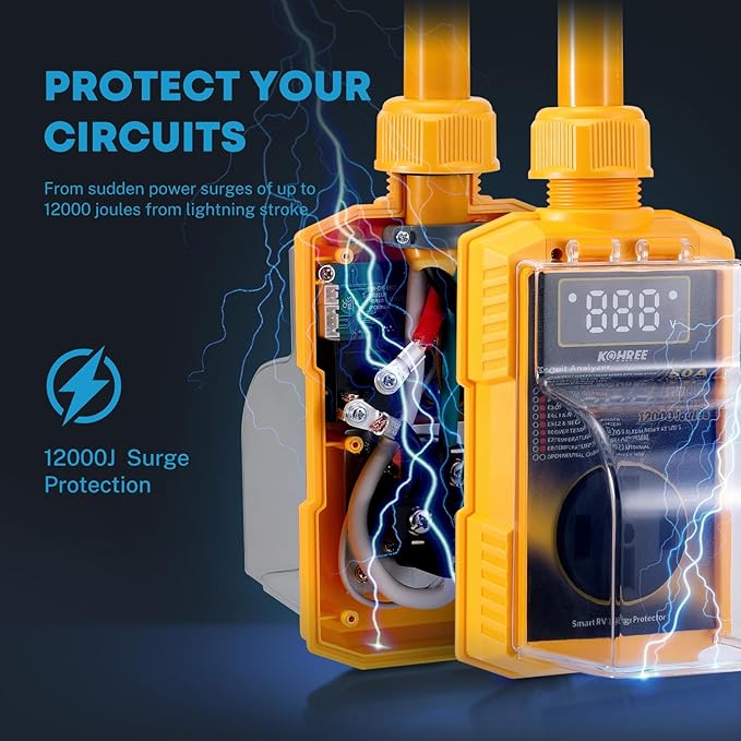 Kohree RV Surge Protector 50 Amp with High/Low Voltage Protection, Auto Shut Off, 12000 Joules 50 Amp RV Surge Protector Waterproof, All-in-1 Circuit Analyzer w/LED Display for RV Camper, Yellow