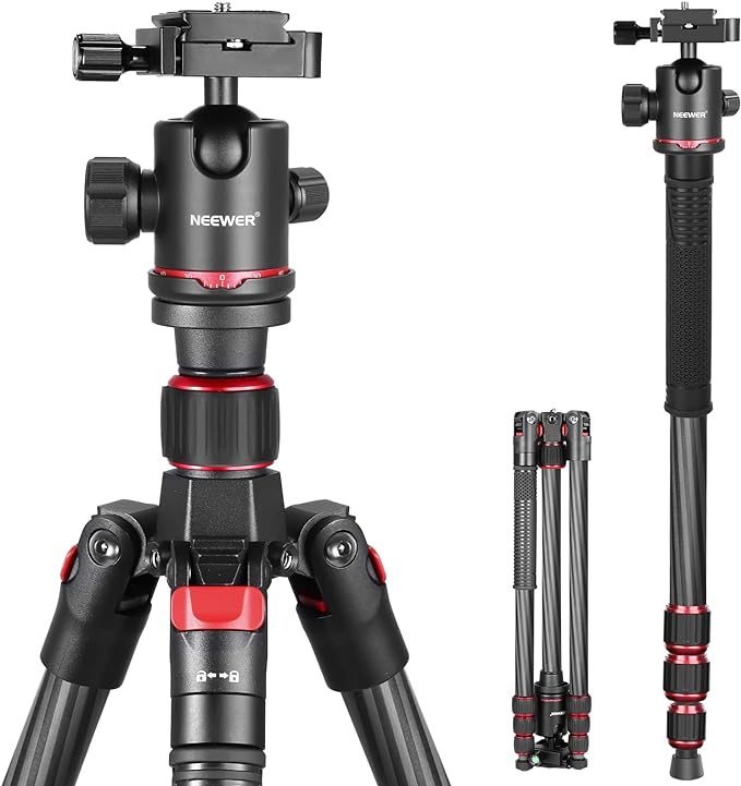 NEEWER 66"/168cm Carbon Fiber Tripod for Camera with 360° Panorama Ball Head, 1/4" Arca QR Plate, Portable Bag, Compact Travel Tripod Monopod for DSLR Video Camcorder, Max Load 26.5lb/12kg, N55C